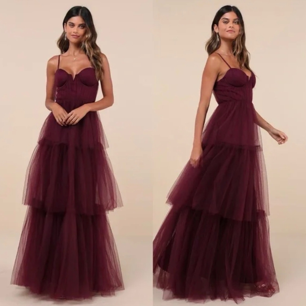 Lulu's Wine-Burgundy Tiered Tulle Maxi Dress